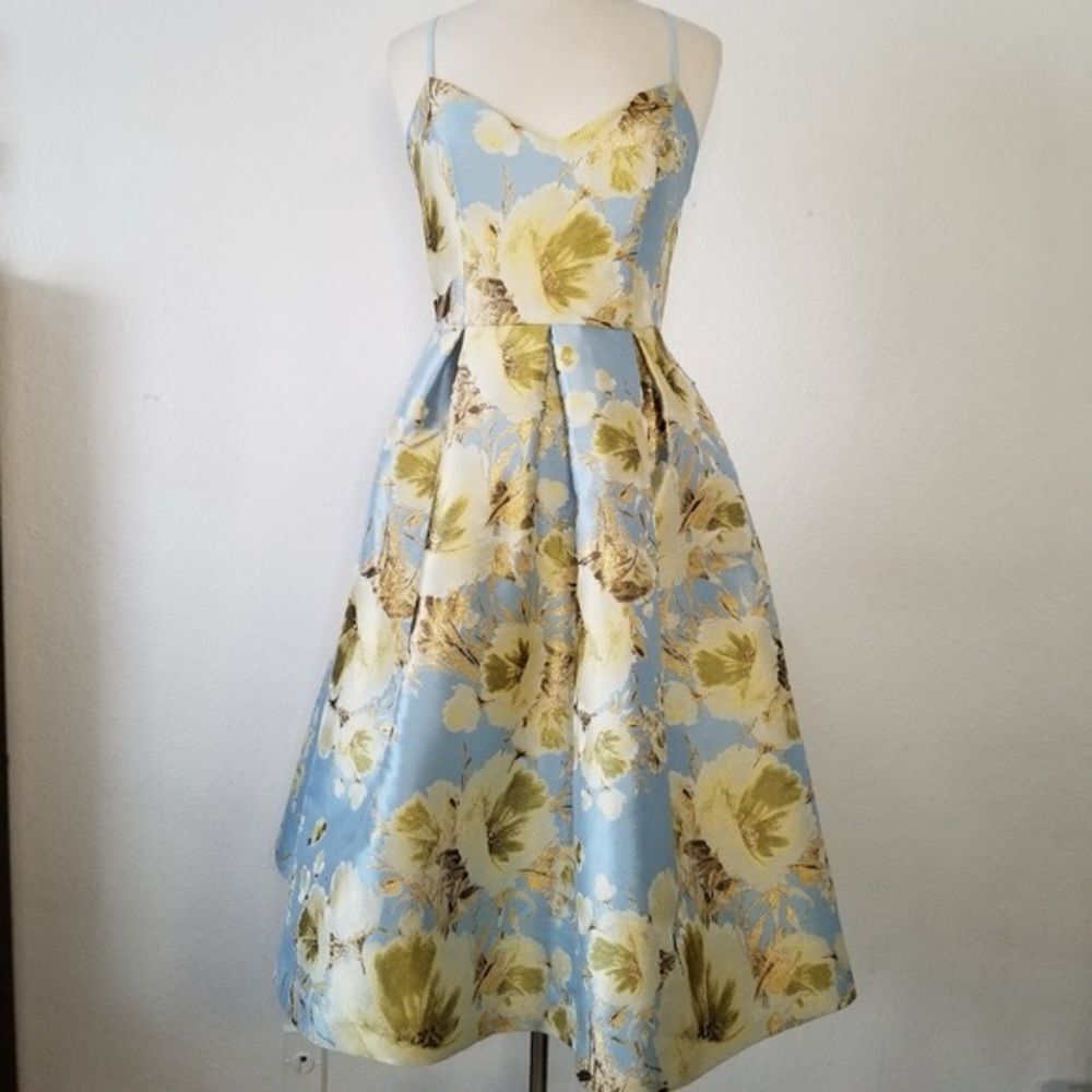 Eliza J Jacquard Brocade Floral Midi Flare Dress with Crisscross Straps - Picture 5 of 12